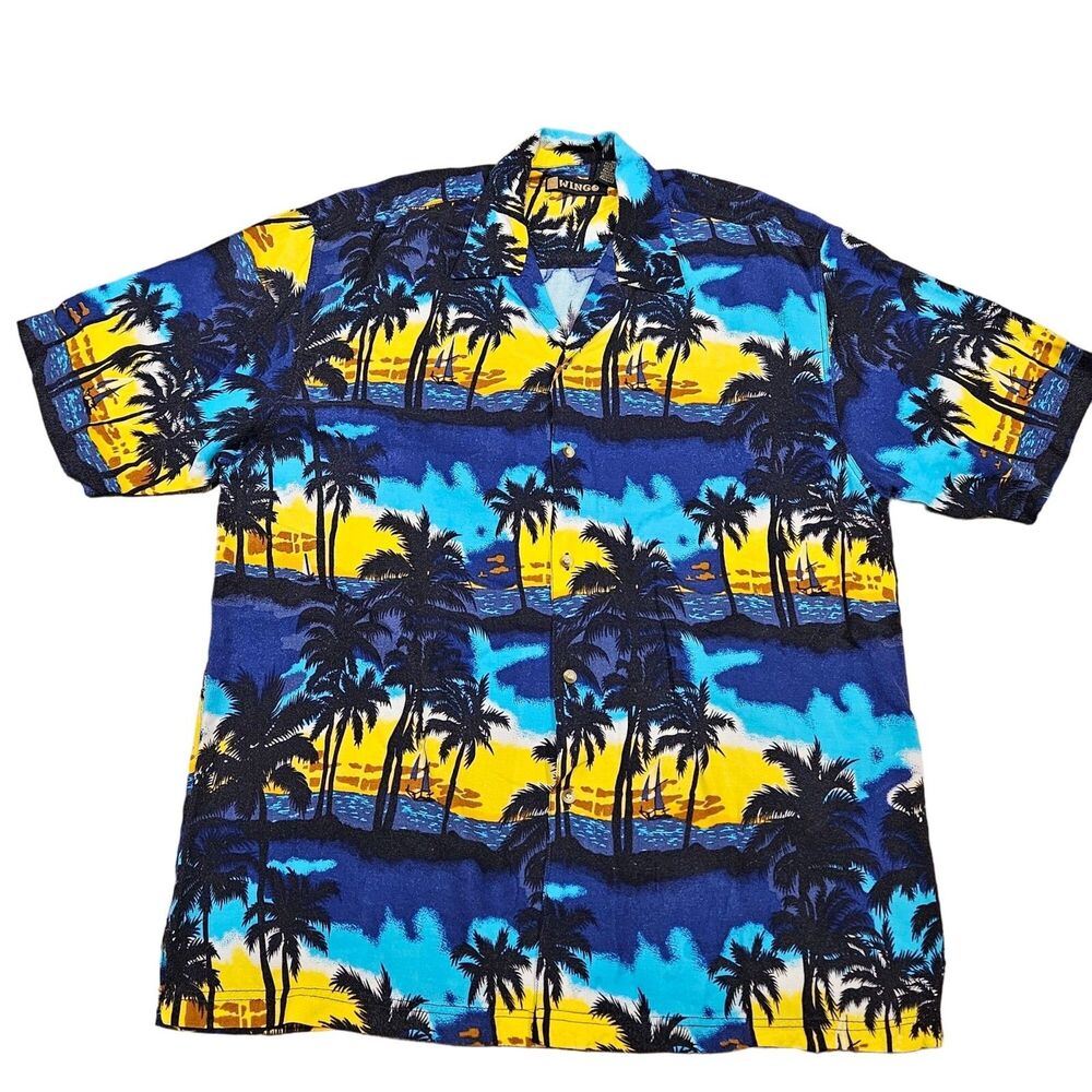 Wingo Hawiian Men's 100% Rayon Short Sleeve Button Down Shirt Size XL Palm Trees